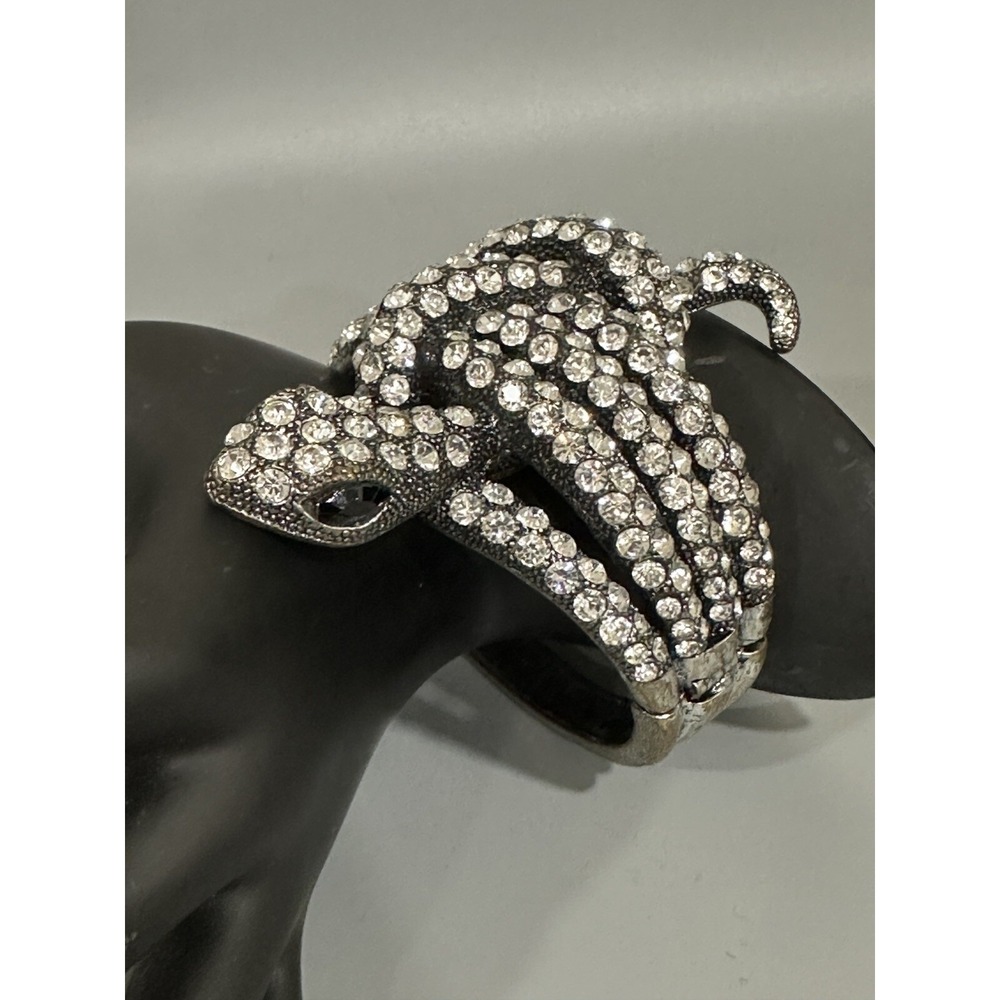 Snake Clamper Bracelet  Silver Rhinestones Statement Black‎ Eyes 6.50"